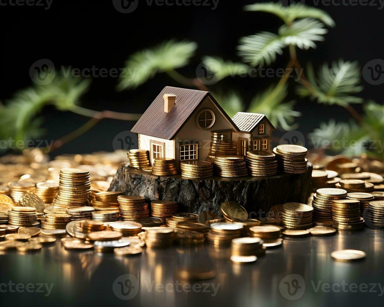 casa modelo e moedas em branco fundo. real Estado e investimento conceito. foto