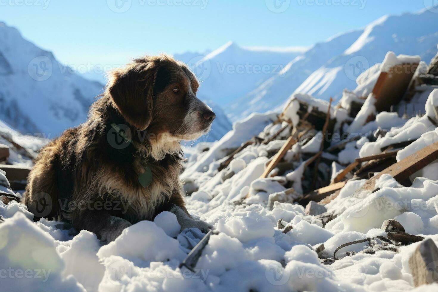 resgate cachorro cheirando dentro neve para avalanche vítimas fundo com esvaziar espaço para texto foto