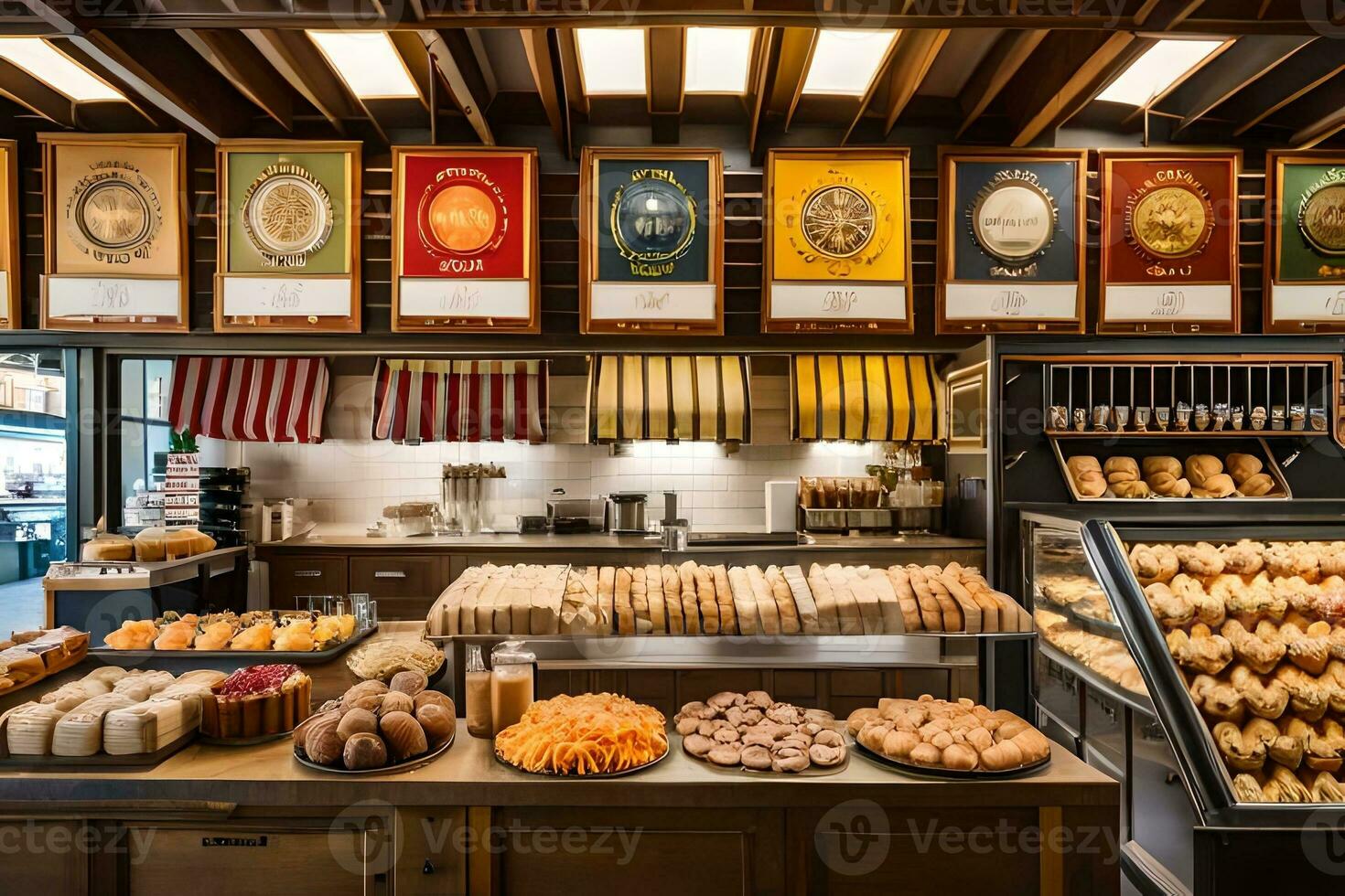 uma padaria com grande quantidade do pastelaria e pães em mostrar. gerado por IA foto