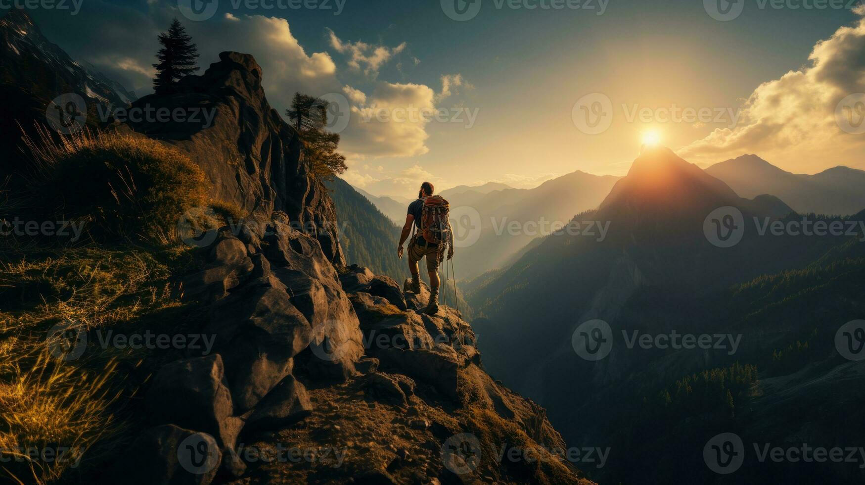caminhante com mochila em a topo do uma montanha às pôr do sol. foto