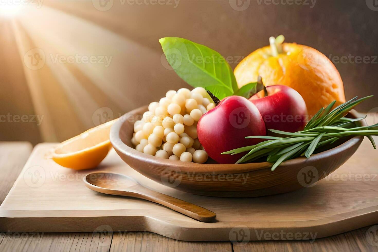 uma tigela do frutas e legumes em uma de madeira mesa. gerado por IA foto
