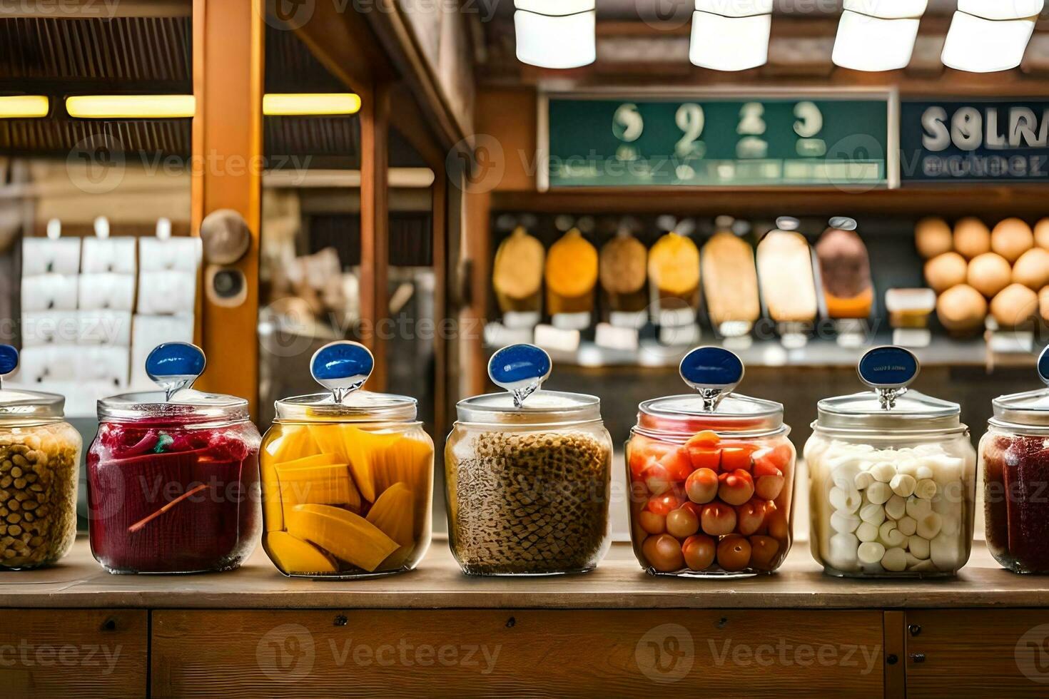 uma linha do frascos preenchidas com diferente tipos do Comida. gerado por IA foto