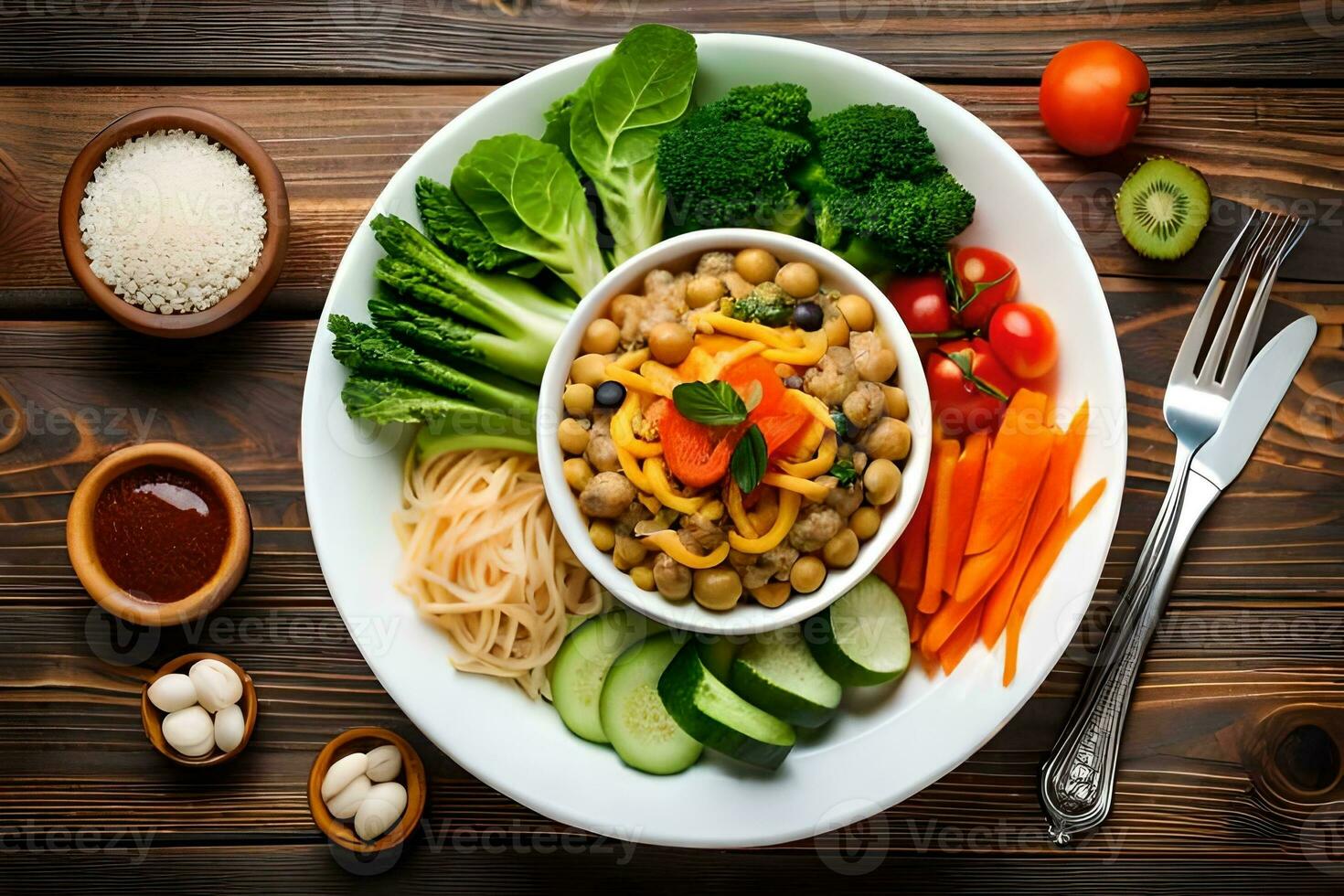 uma prato com vegetais, arroz e feijões em uma de madeira mesa. gerado por IA foto
