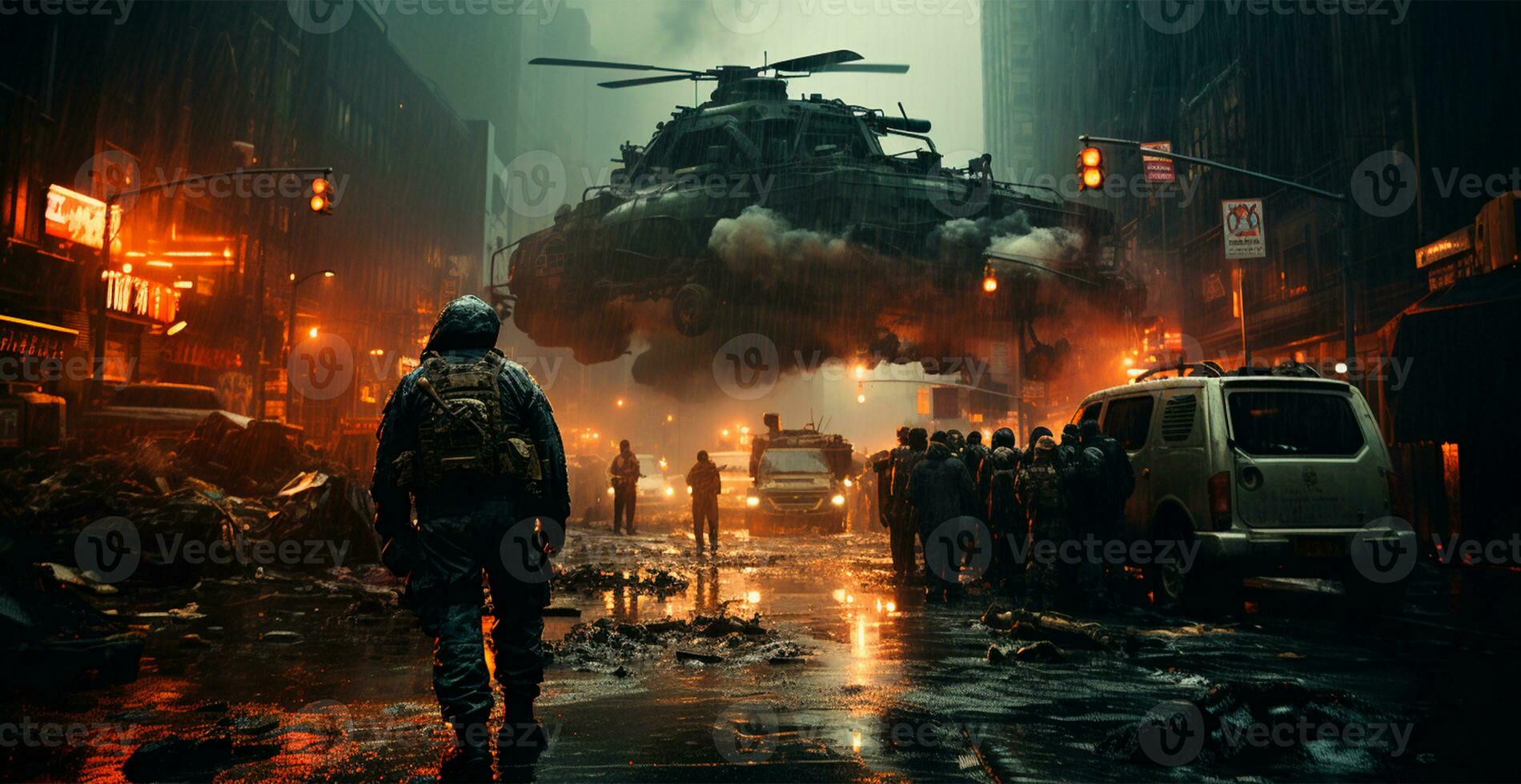 militares Operação, evacuação a partir de uma queimando cidade - ai gerado imagem foto