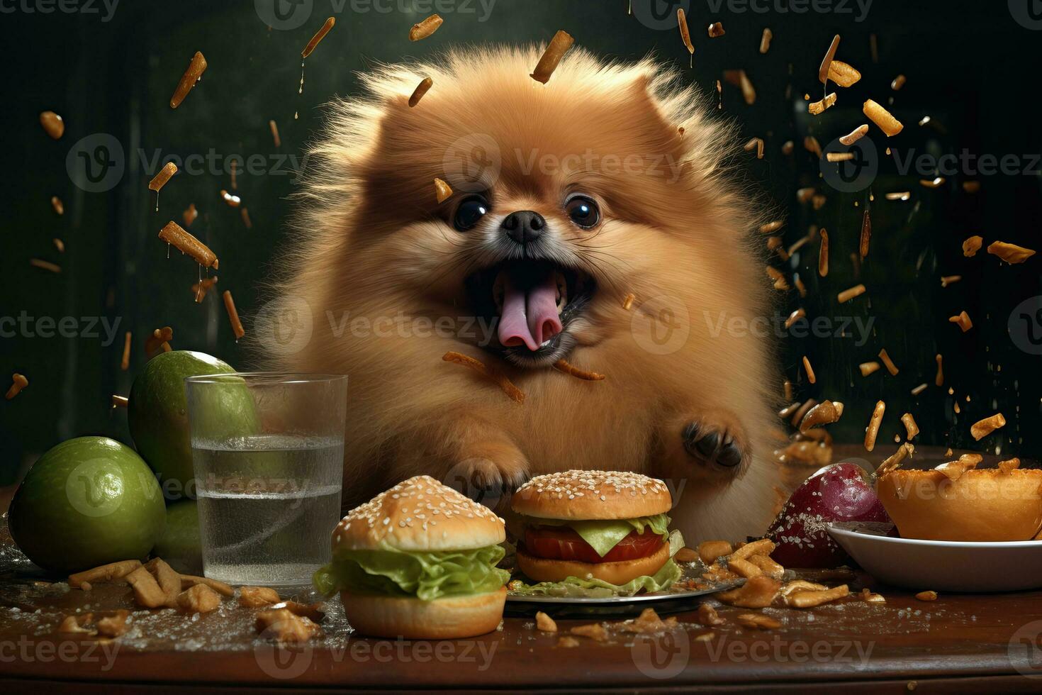 lindo pomerânia spitz sentado às uma mesa, delicioso hamburguer e fritas foto