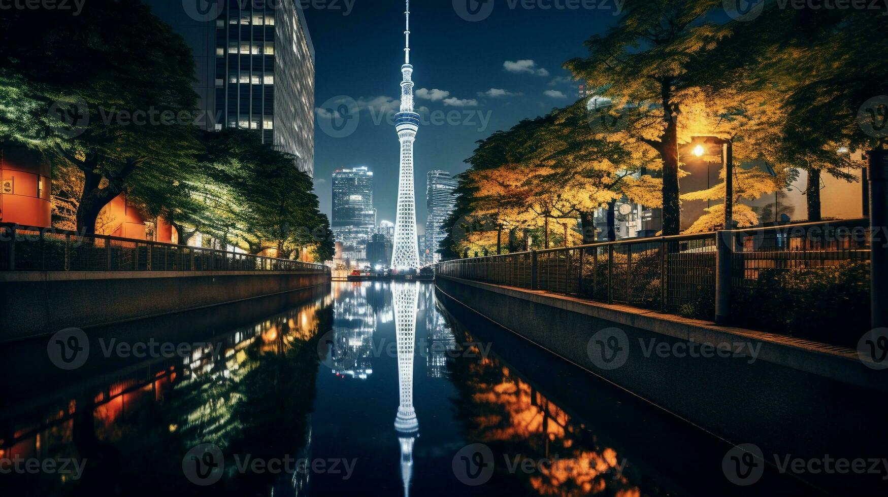 noite Visão do Tóquio árvore do céu. generativo ai foto