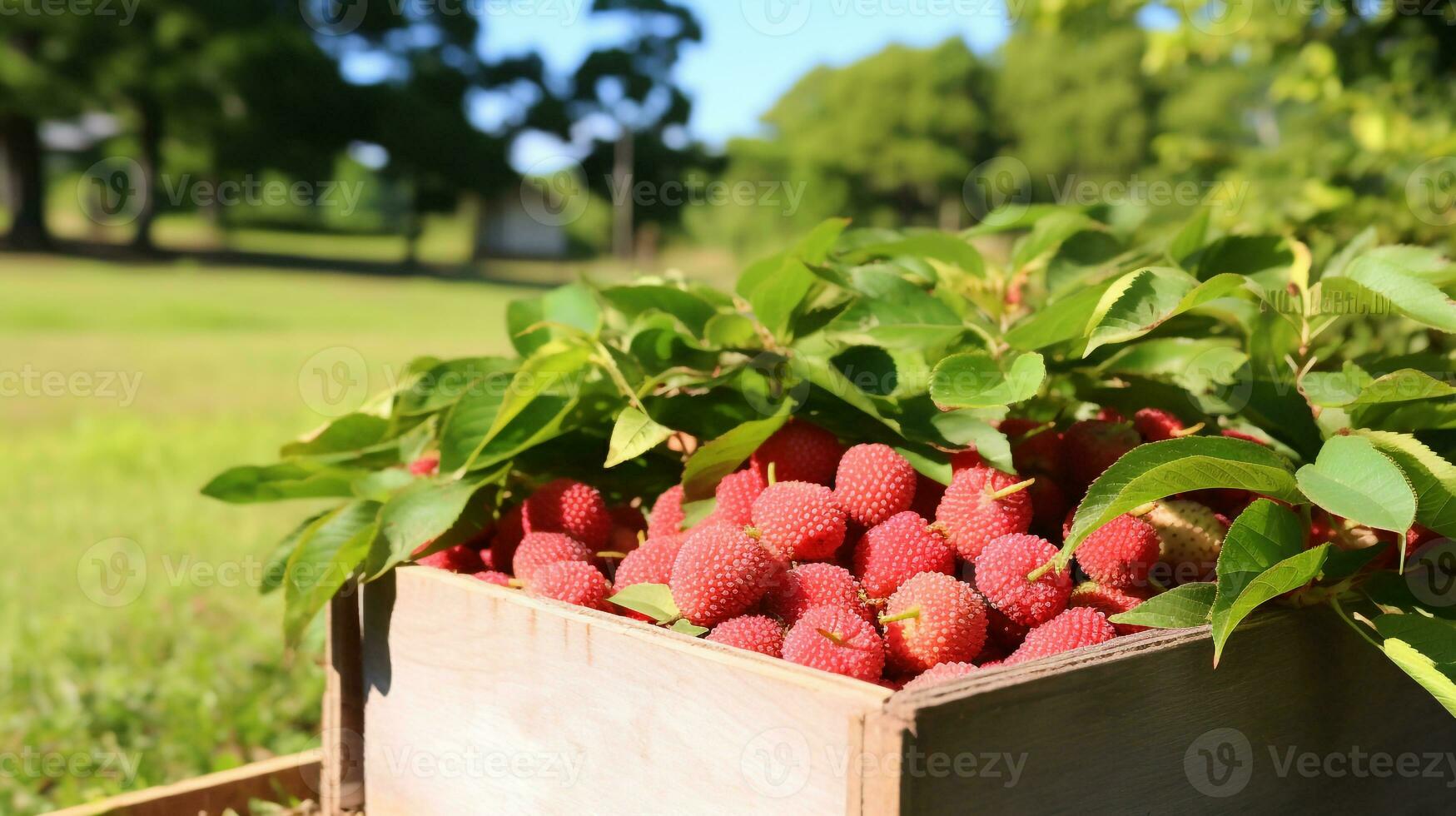 recentemente escolhido caipira fruta a partir de jardim colocada dentro a caixas. generativo ai foto