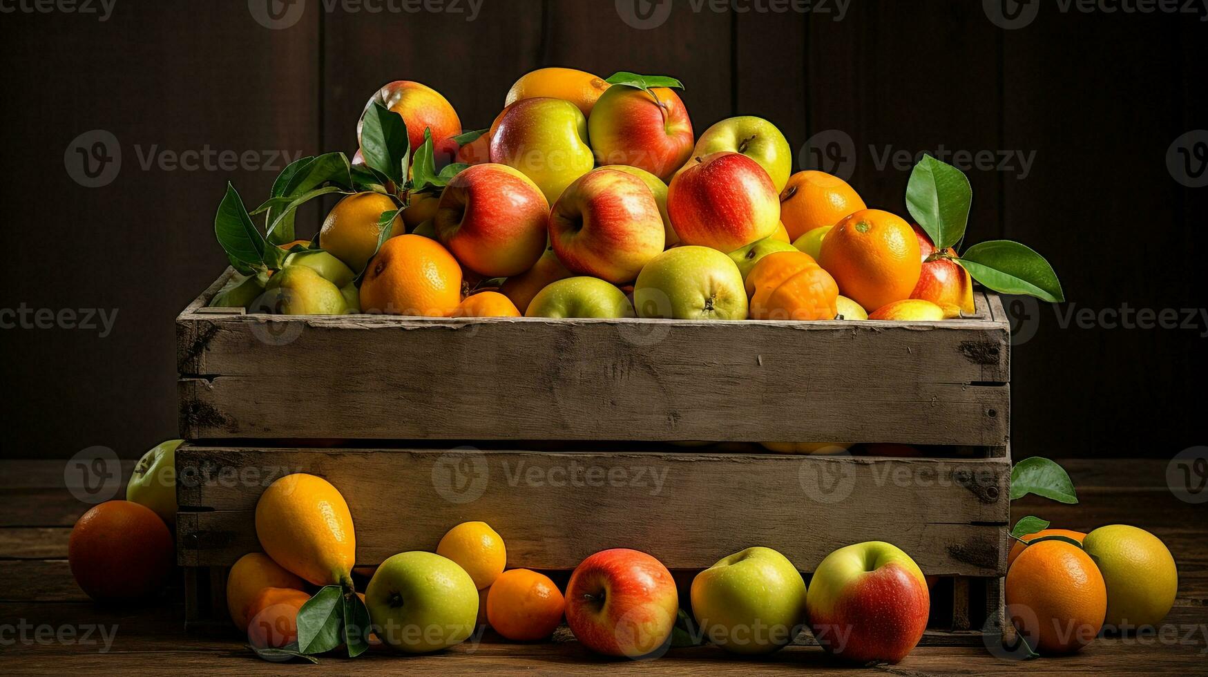 recentemente escolhido caipira fruta a partir de jardim colocada dentro a caixas. generativo ai foto