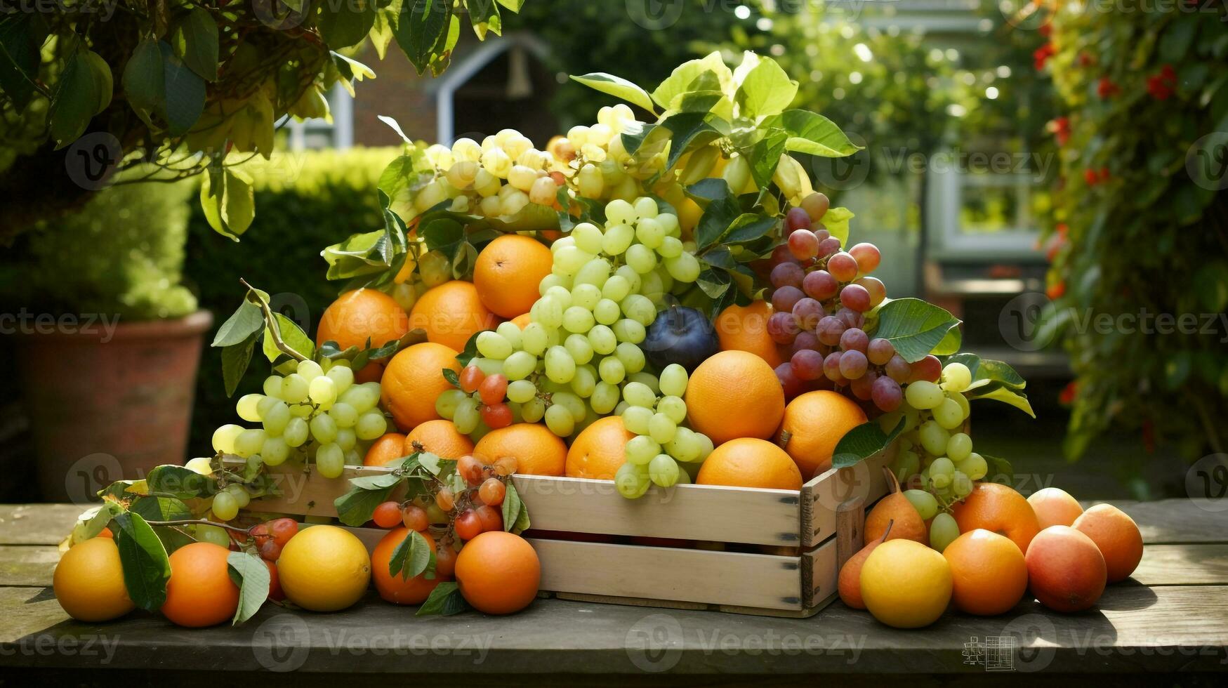 recentemente escolhido lira fruta a partir de jardim colocada dentro a caixas. generativo ai foto