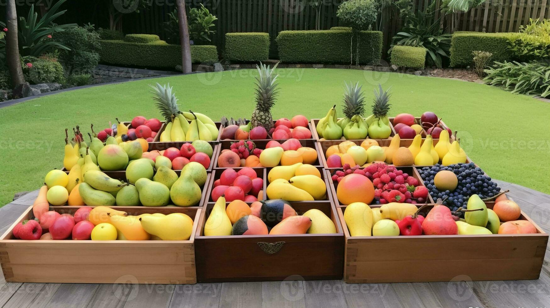 recentemente escolhido kiwamo fruta a partir de jardim colocada dentro a caixas. generativo ai foto