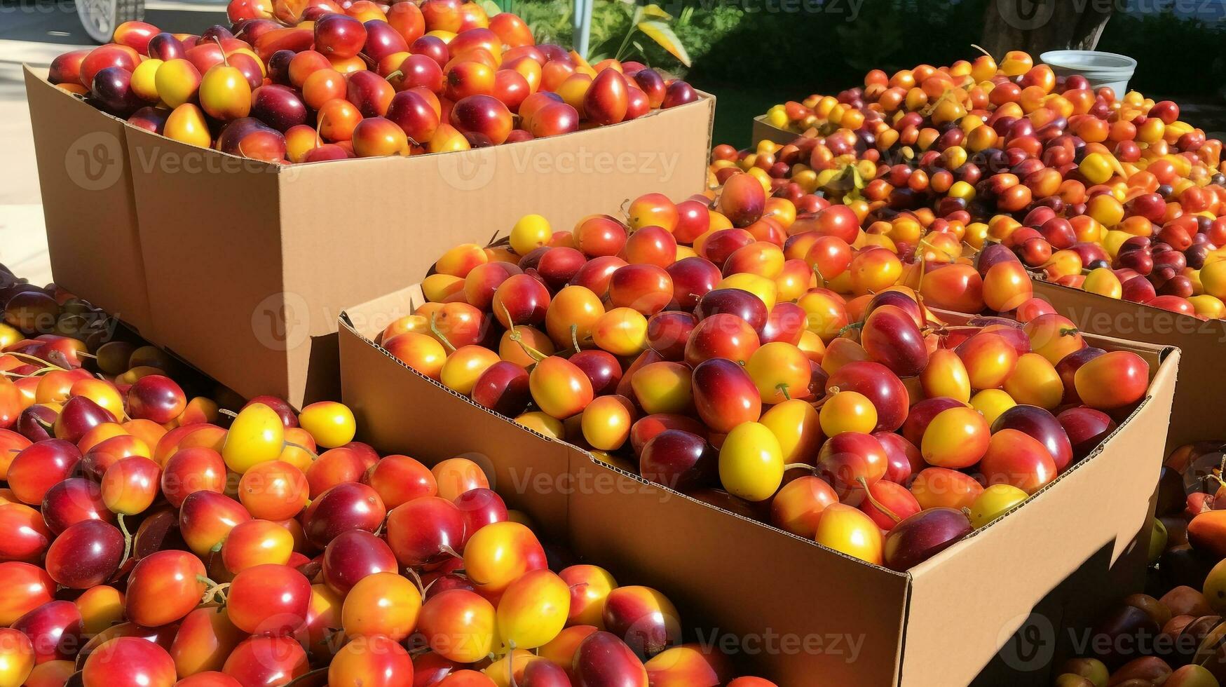 recentemente escolhido barbados cereja fruta a partir de jardim colocada dentro a caixas. generativo ai foto