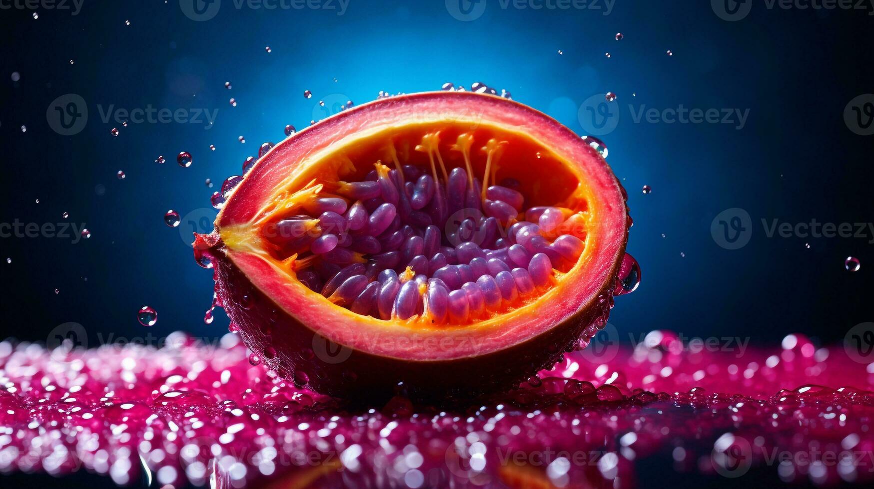 foto do maracujá fruta metade contra uma colorida abstrato fundo. generativo ai