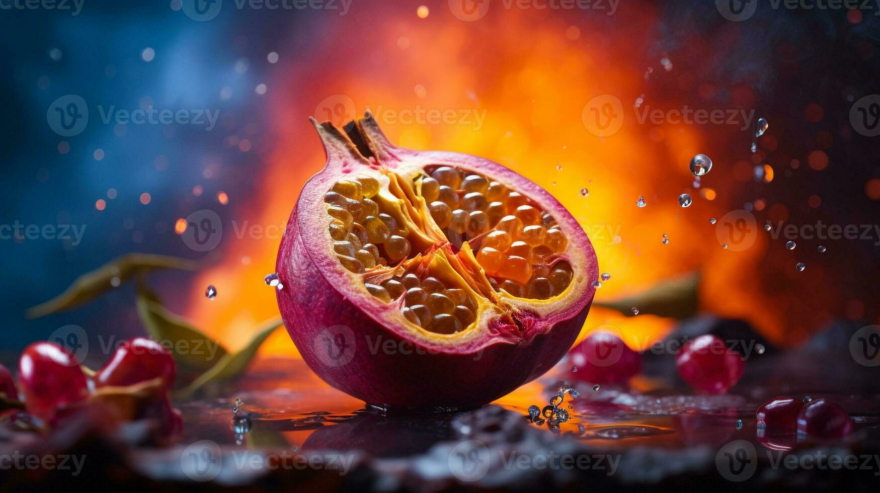 foto do yangmei fruta metade contra uma colorida abstrato fundo. generativo ai
