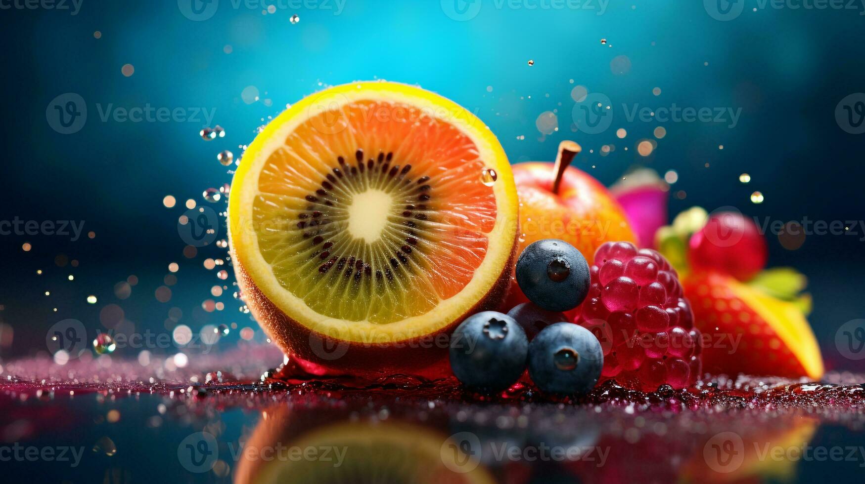 foto do Rukem fruta metade contra uma colorida abstrato fundo. generativo ai