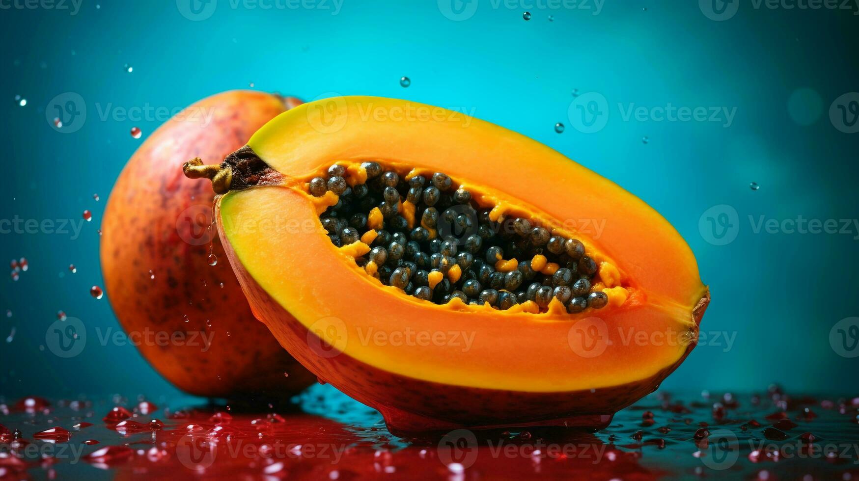 foto do mamão fruta metade contra uma colorida abstrato fundo. generativo ai