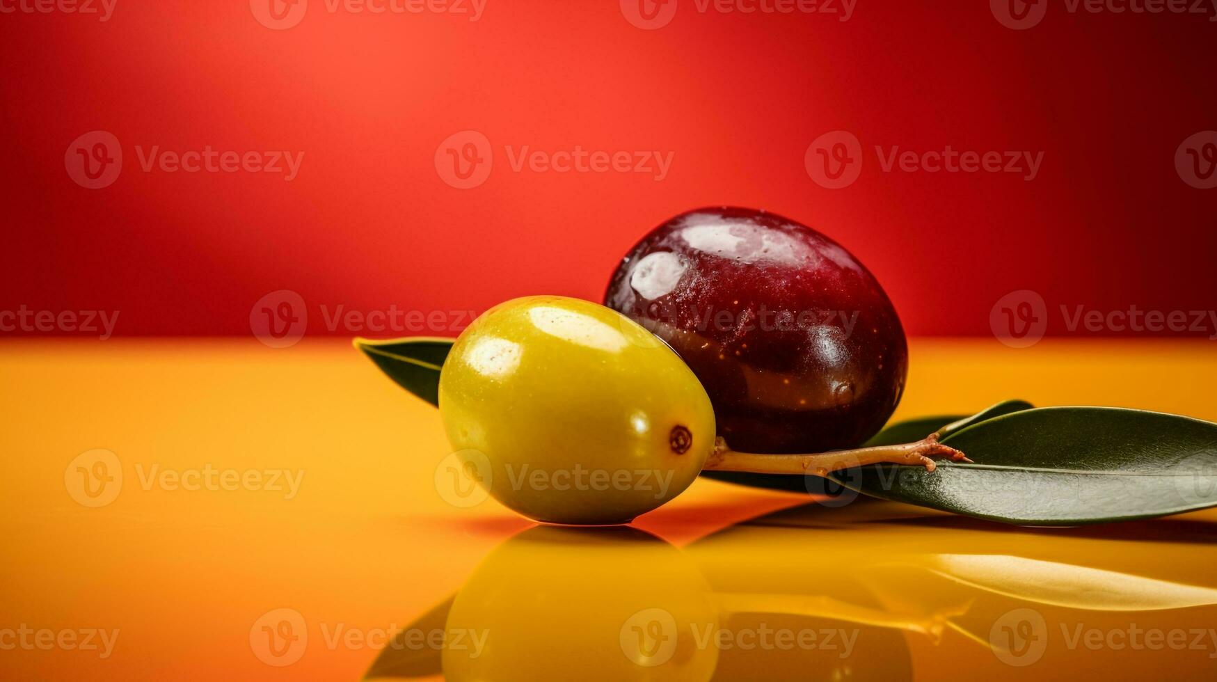foto do Oliva fruta metade contra uma colorida abstrato fundo. generativo ai