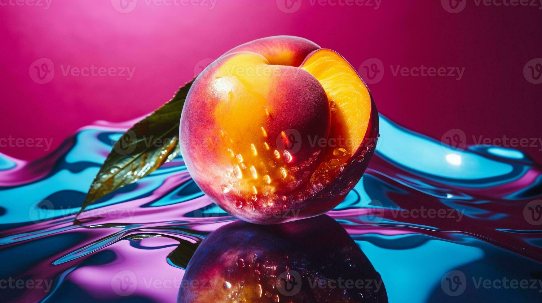 foto do pêssego fruta metade contra uma colorida abstrato fundo. generativo ai