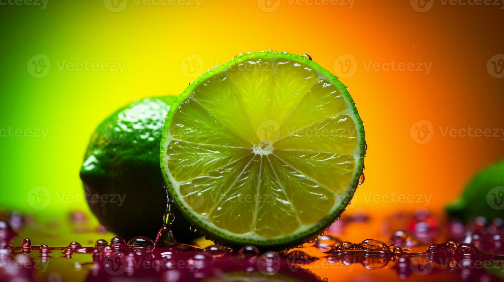 foto do Lima fruta metade contra uma colorida abstrato fundo. generativo ai