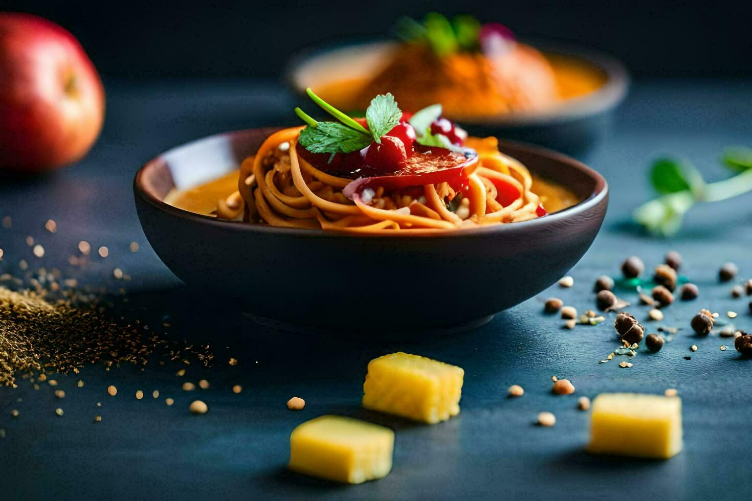 espaguete com tomate molho e queijo dentro uma tigela. gerado por IA foto