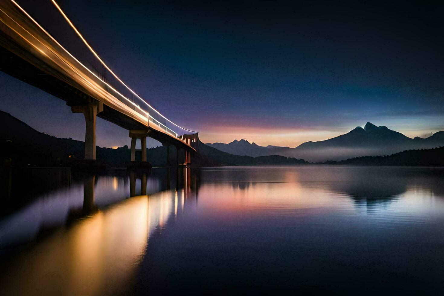 uma ponte sobre uma lago às pôr do sol com montanhas dentro a fundo. gerado por IA foto