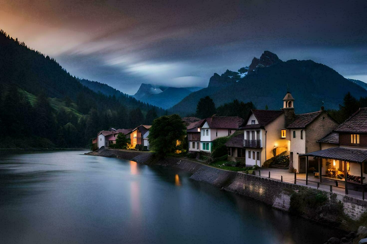 foto papel de parede a céu, montanhas, rio, casas, montanhas, lago, Suíça, lago. gerado por IA