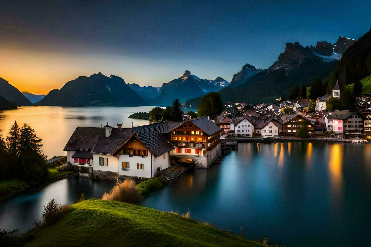 uma lindo pôr do sol sobre uma lago e montanha faixa. gerado por IA foto