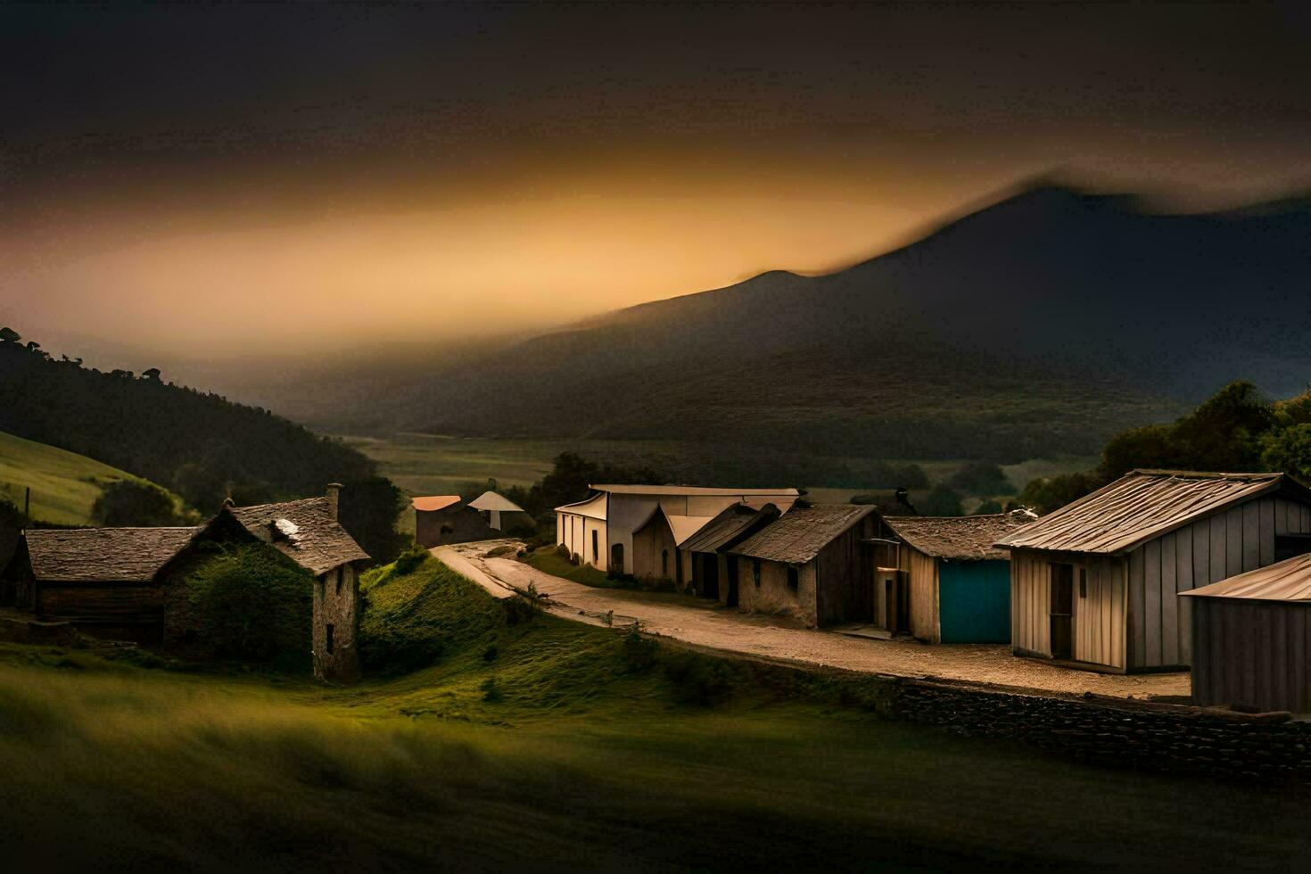 uma Vila dentro a montanhas com uma pôr do sol. gerado por IA foto