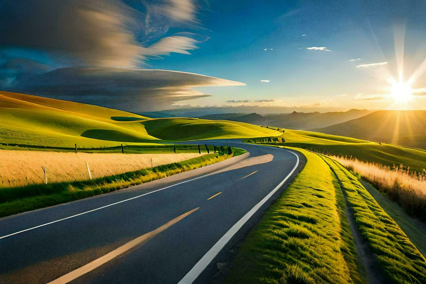 uma estrada dentro a campo com a Sol contexto. gerado por IA foto