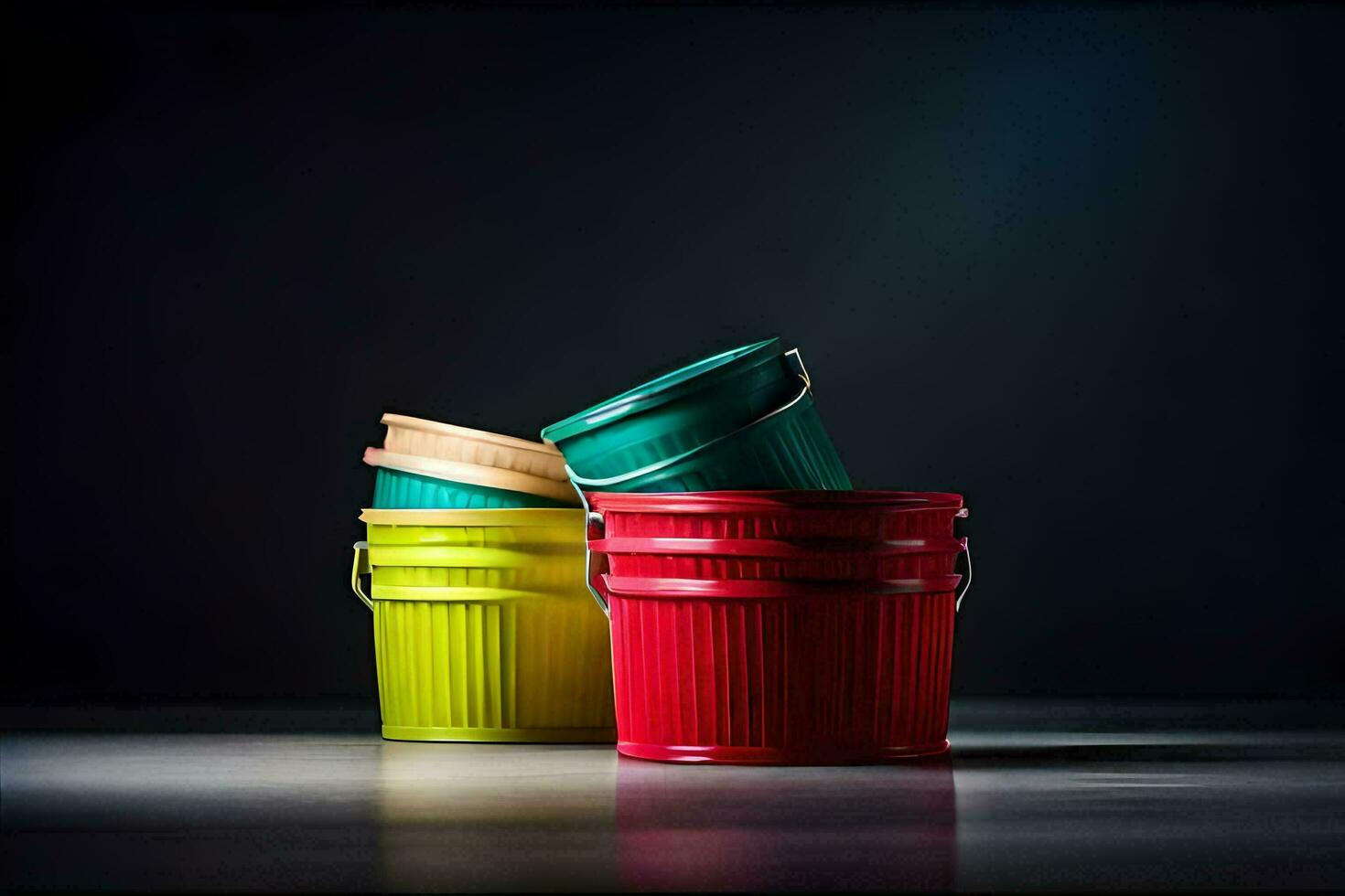 três colorida baldes sentado em uma mesa. gerado por IA foto