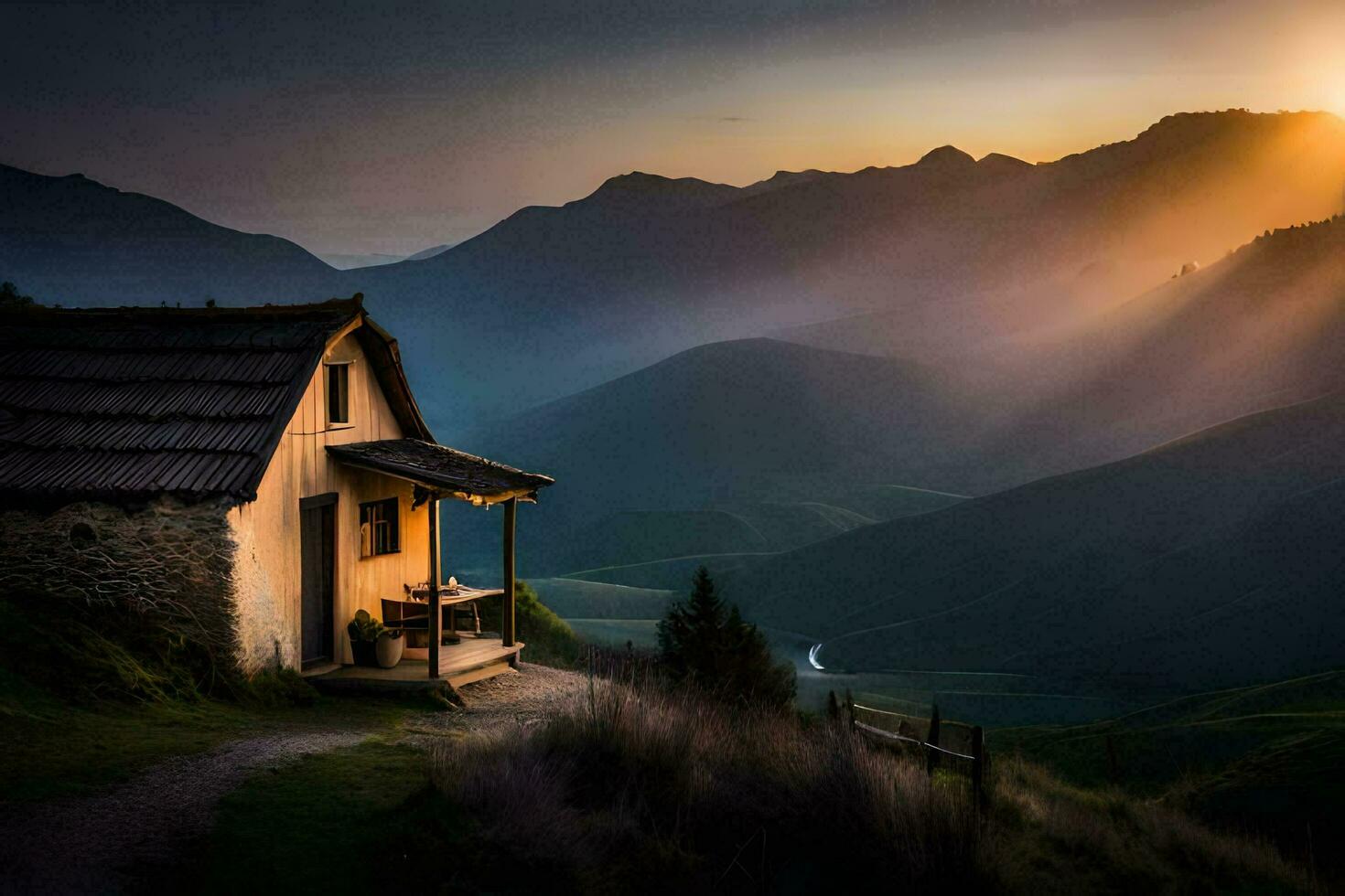 a Sol sobe sobre uma montanha cabine dentro a Alpes. gerado por IA foto