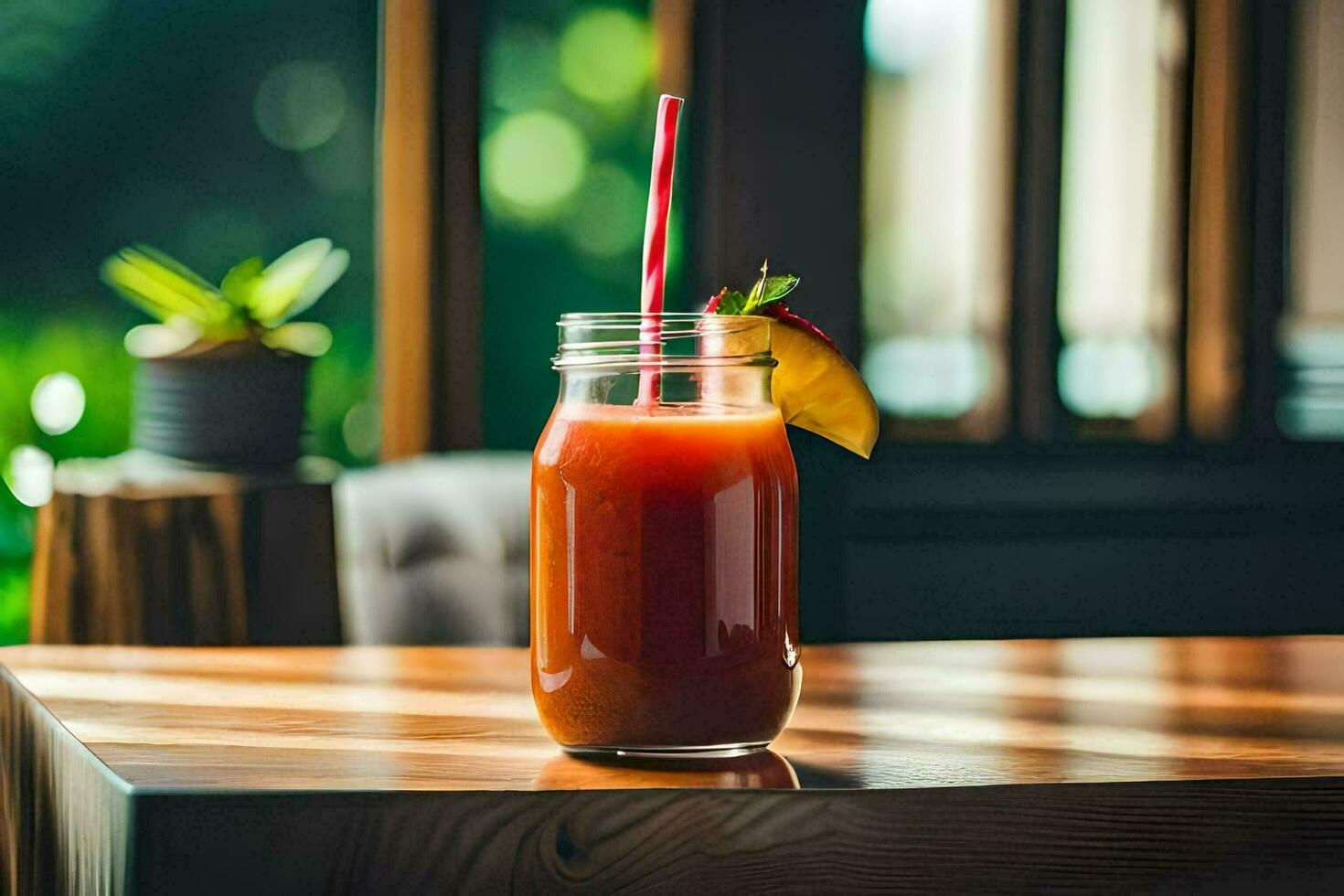 uma vidro do suco com uma Palha em uma de madeira mesa. gerado por IA foto