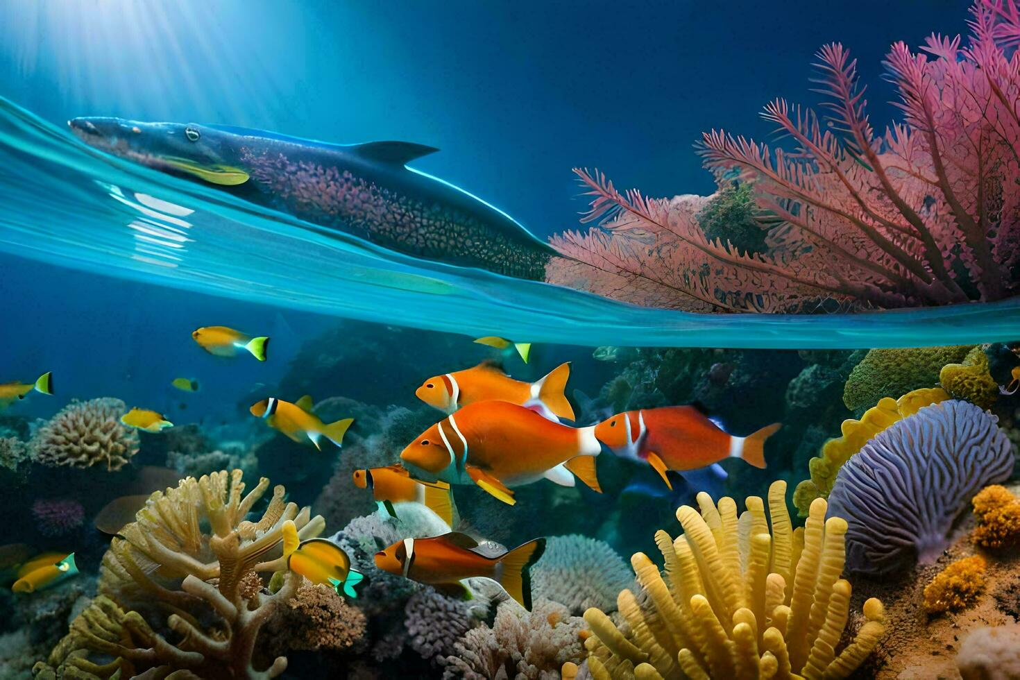 uma coral recife com peixe e corais. gerado por IA foto