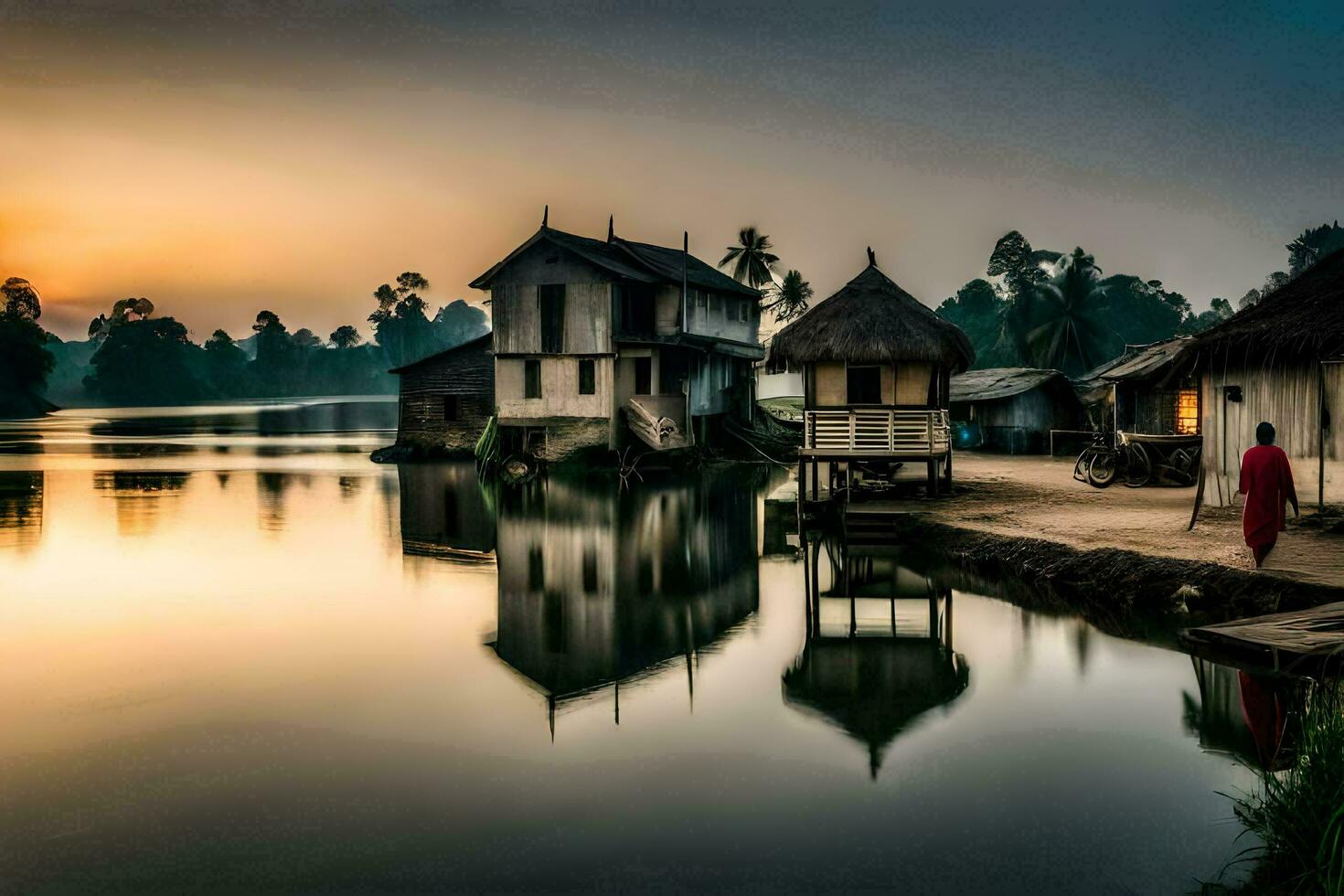 uma mulher carrinhos em a costa do uma lago às pôr do sol. gerado por IA foto