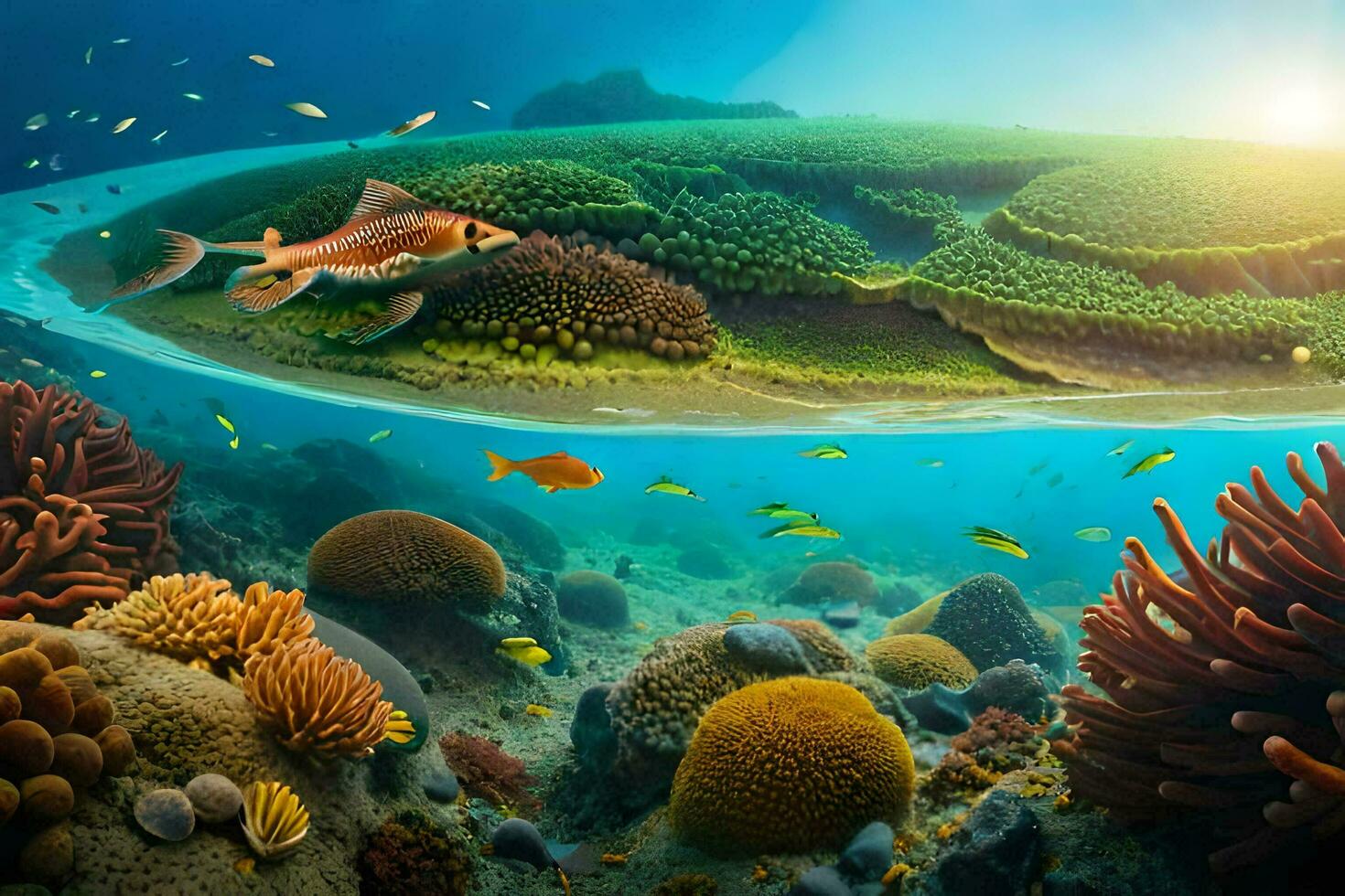 a embaixo da agua cena com coral recifes e peixe. gerado por IA foto