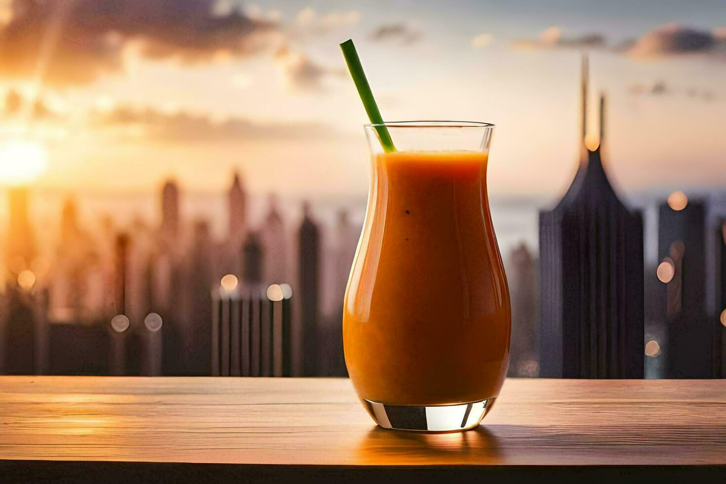 uma vidro do laranja suco com uma Palha em uma mesa dentro frente do uma cidade Horizonte. gerado por IA foto