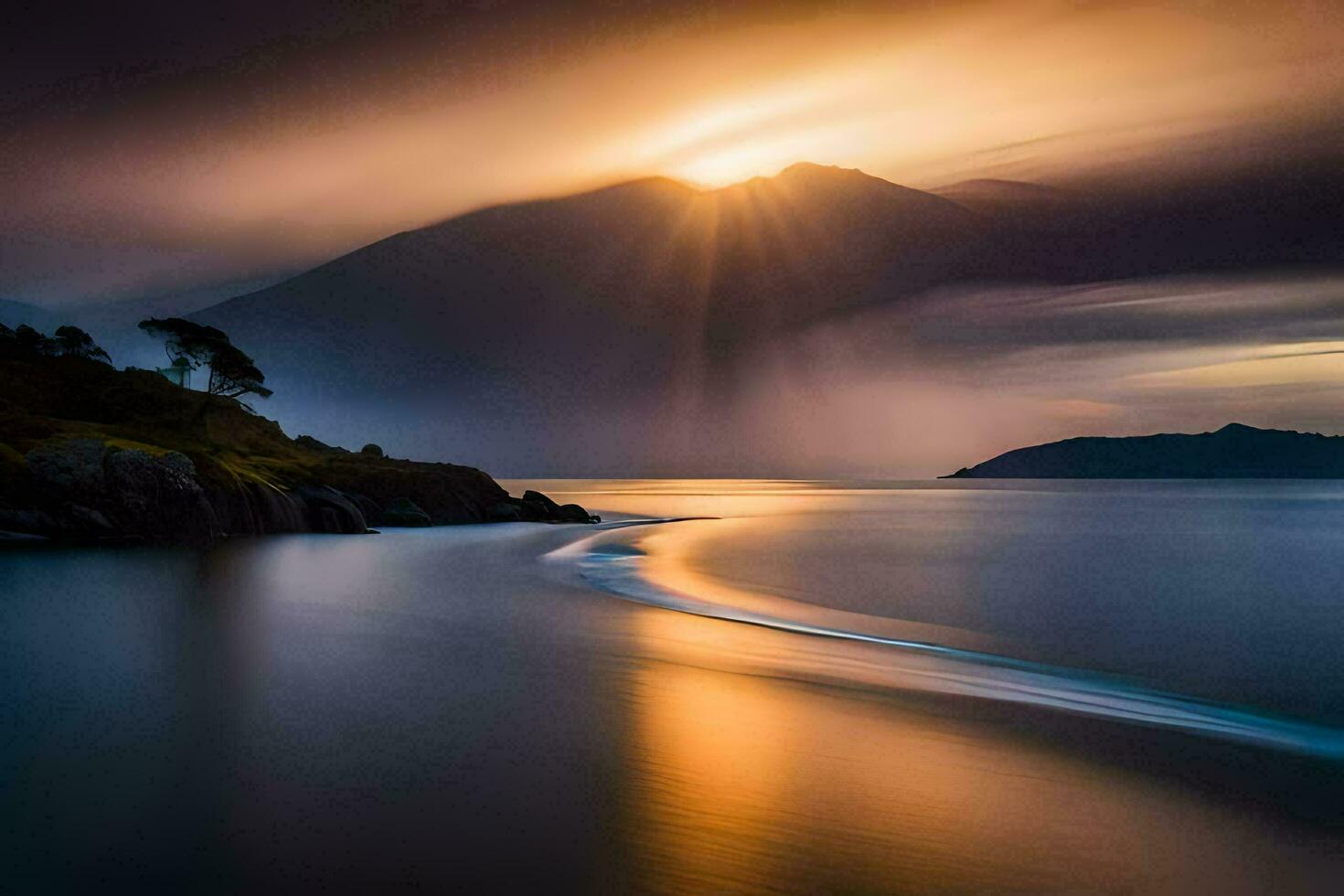 luz solar brilhando sobre a oceano e montanhas. gerado por IA foto