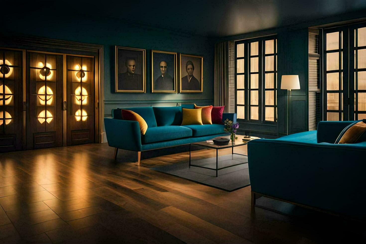 uma vivo quarto com azul sofás e uma café mesa. gerado por IA foto