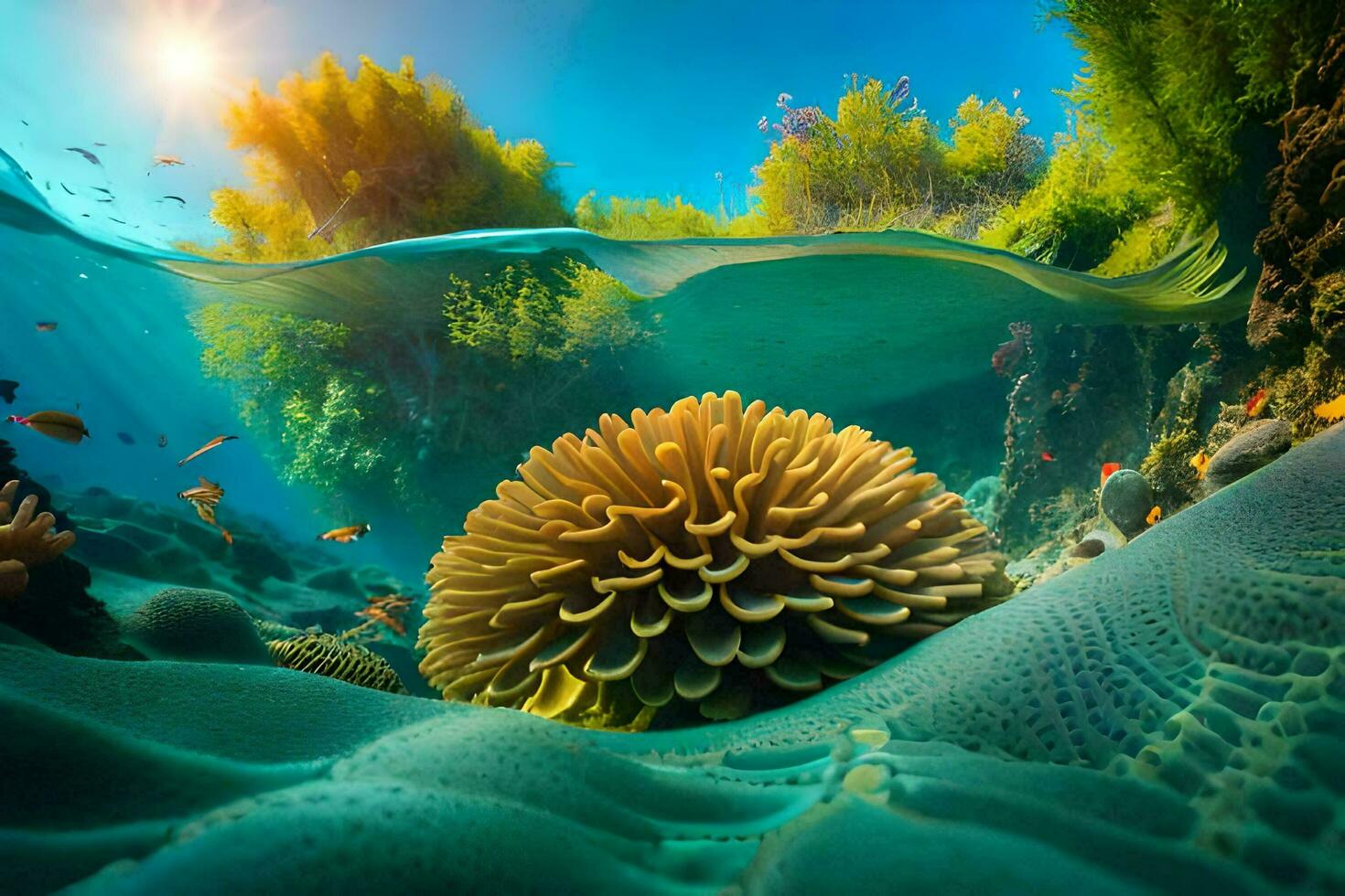 a embaixo da agua Visão do coral e peixe. gerado por IA foto