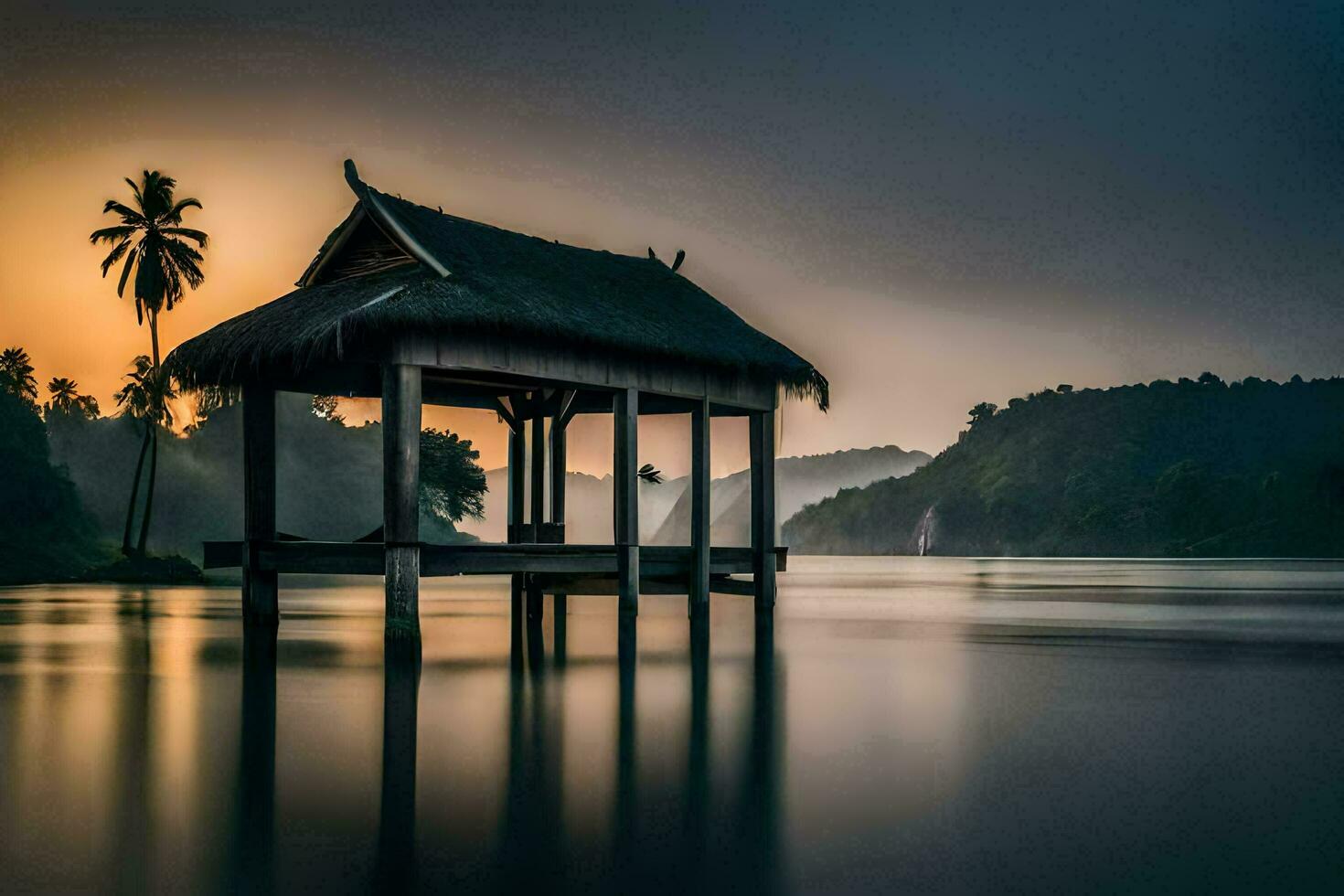 uma cabana senta em a costa do uma lago às pôr do sol. gerado por IA foto