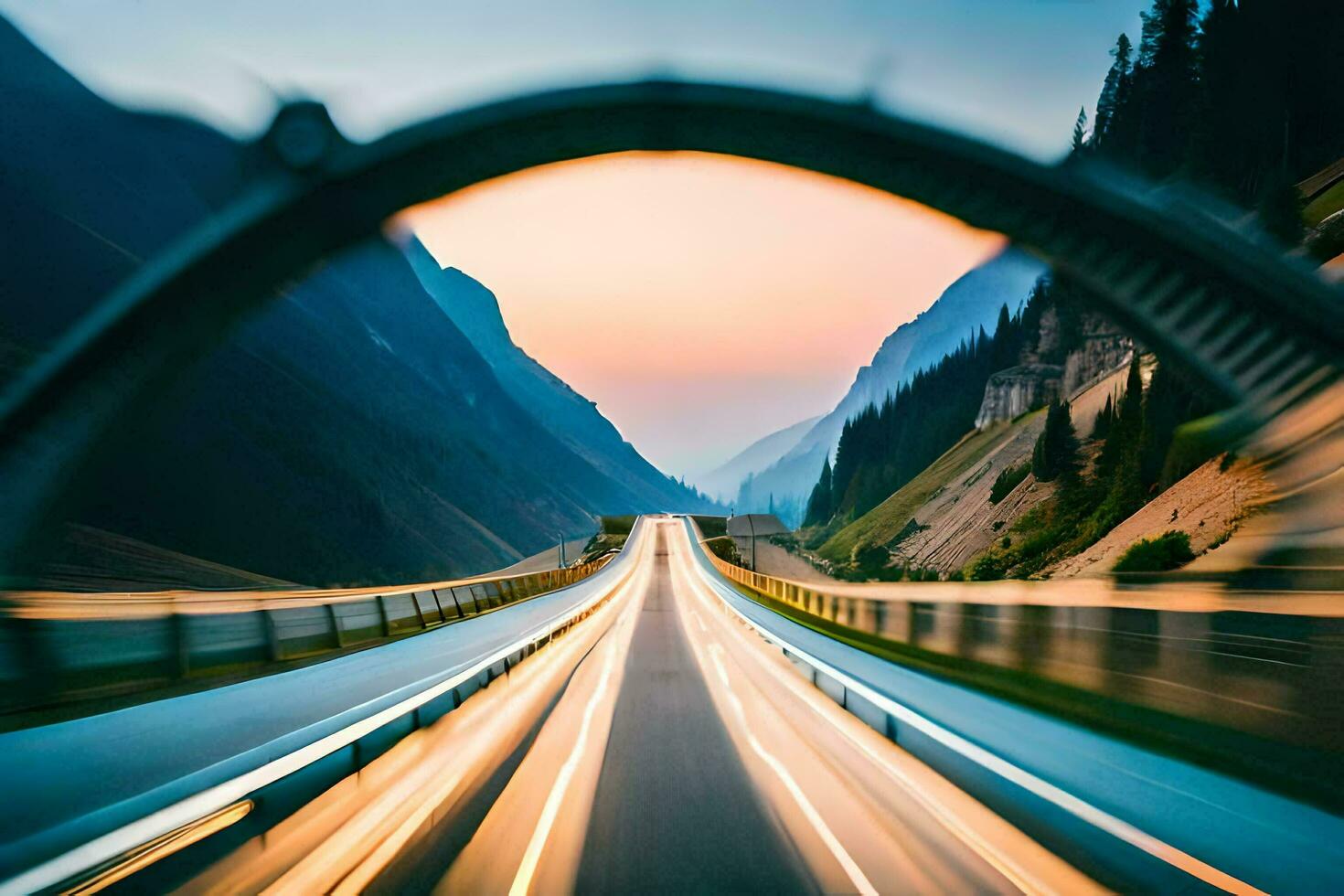 uma carro dirigindo em uma rodovia com uma túnel dentro a fundo. gerado por IA foto