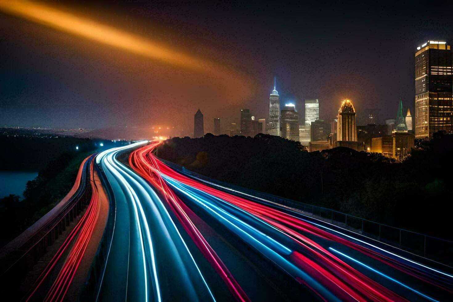 uma grandes exposição foto do tráfego em uma rodovia às noite. gerado por IA