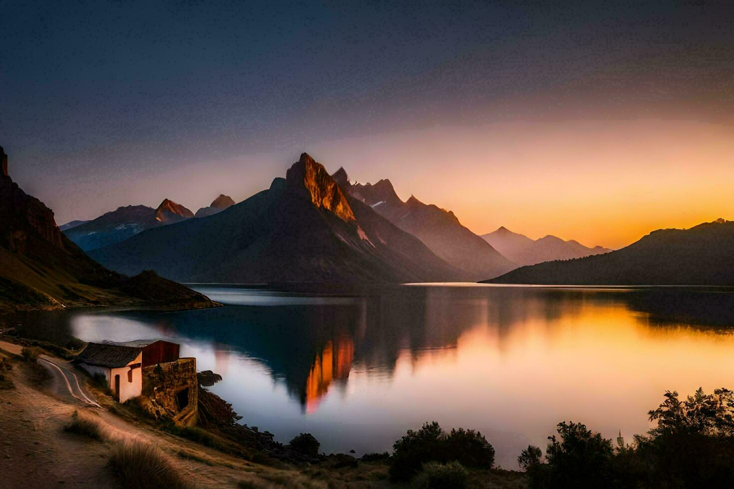 a Sol sobe sobre a montanhas e lago. gerado por IA foto