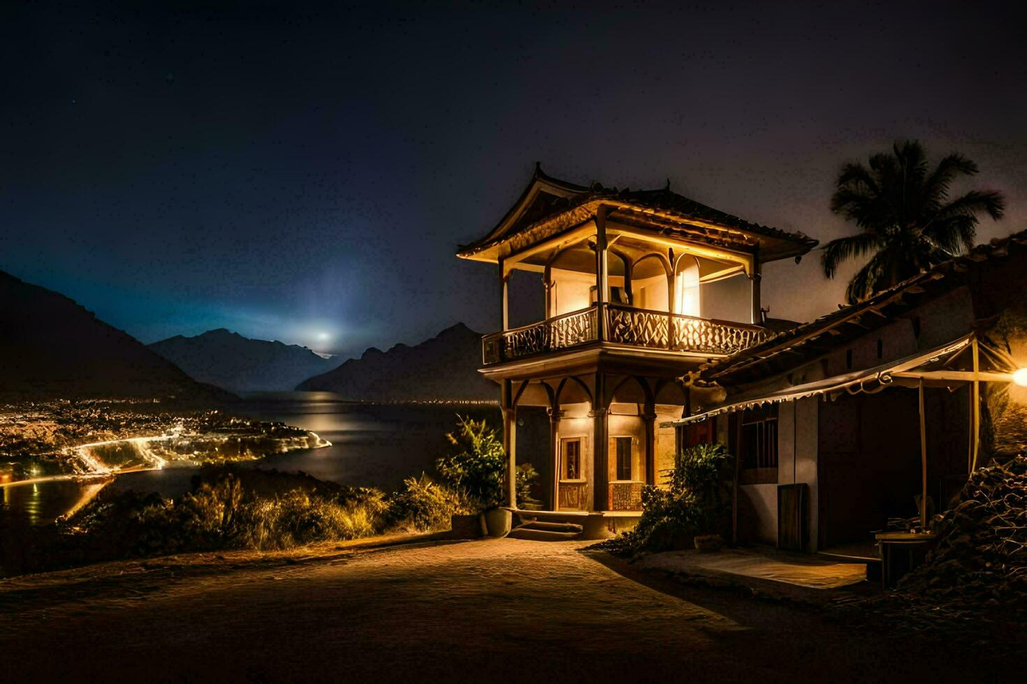 uma pequeno casa com uma luz em às noite. gerado por IA foto