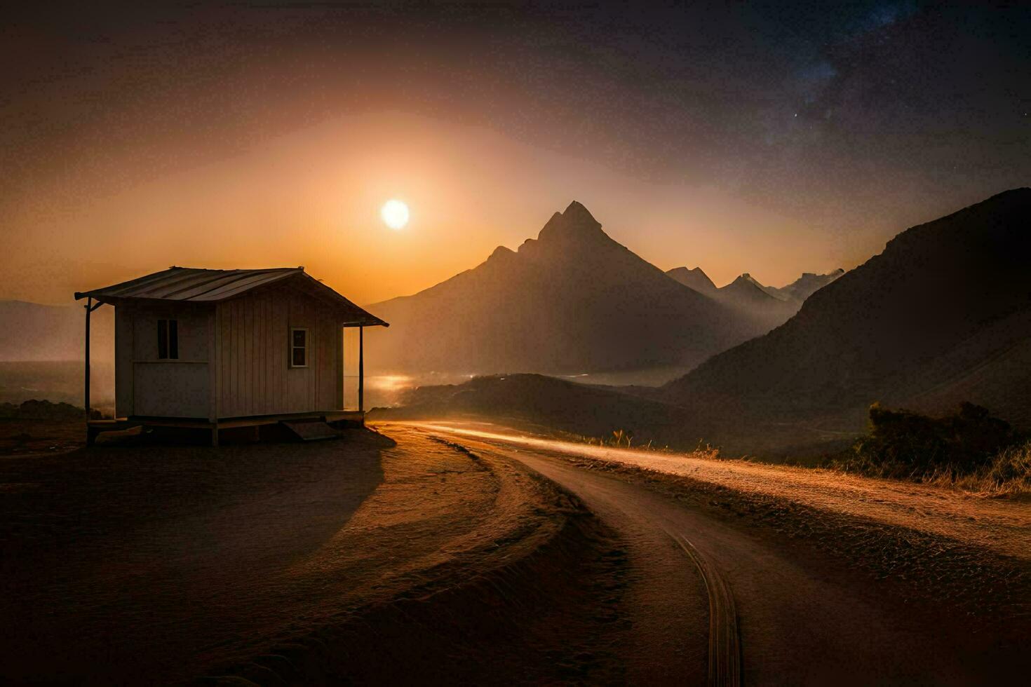 uma pequeno cabana senta em a lado do uma estrada dentro a meio do uma deserto. gerado por IA foto