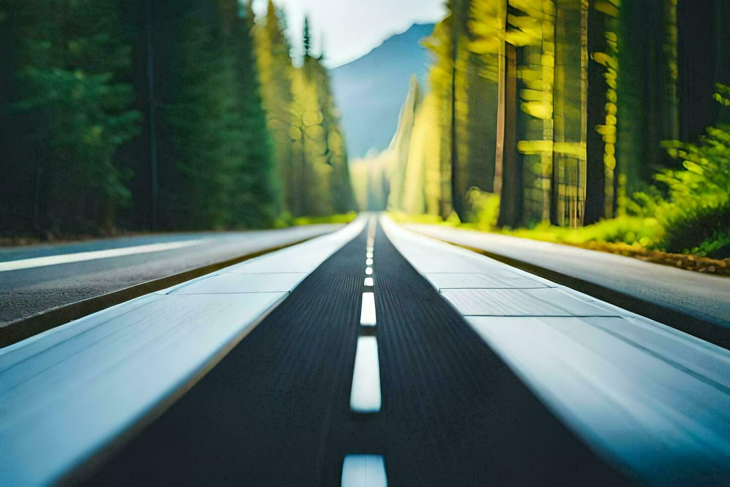 uma grandes estrada com árvores dentro a fundo. gerado por IA foto