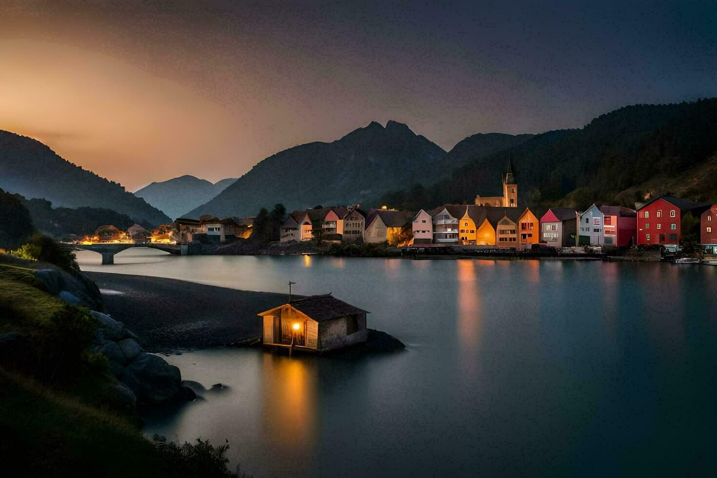 uma Cidade dentro a montanhas às crepúsculo com uma rio e casas. gerado por IA foto