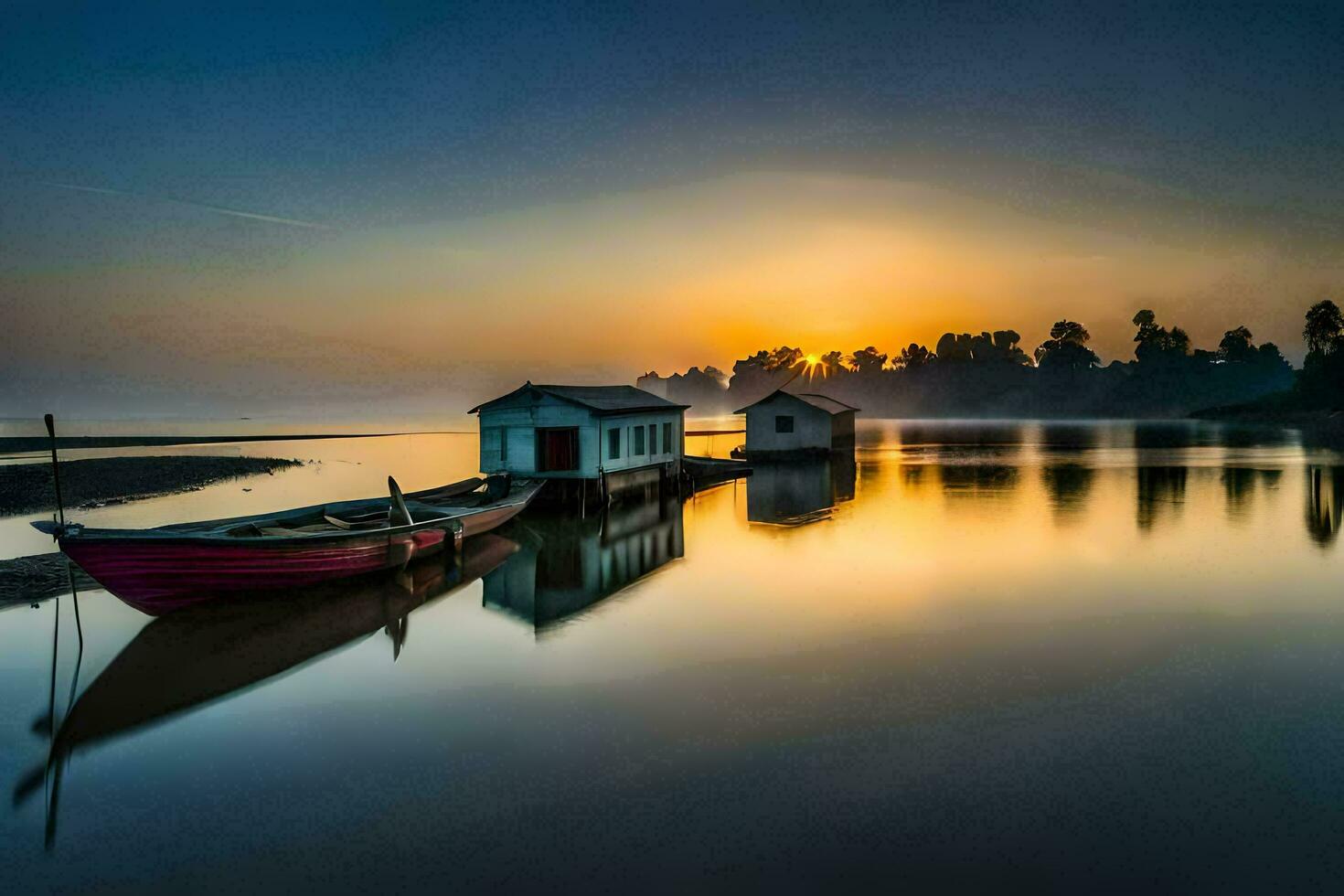 uma barco senta em a água às pôr do sol. gerado por IA foto