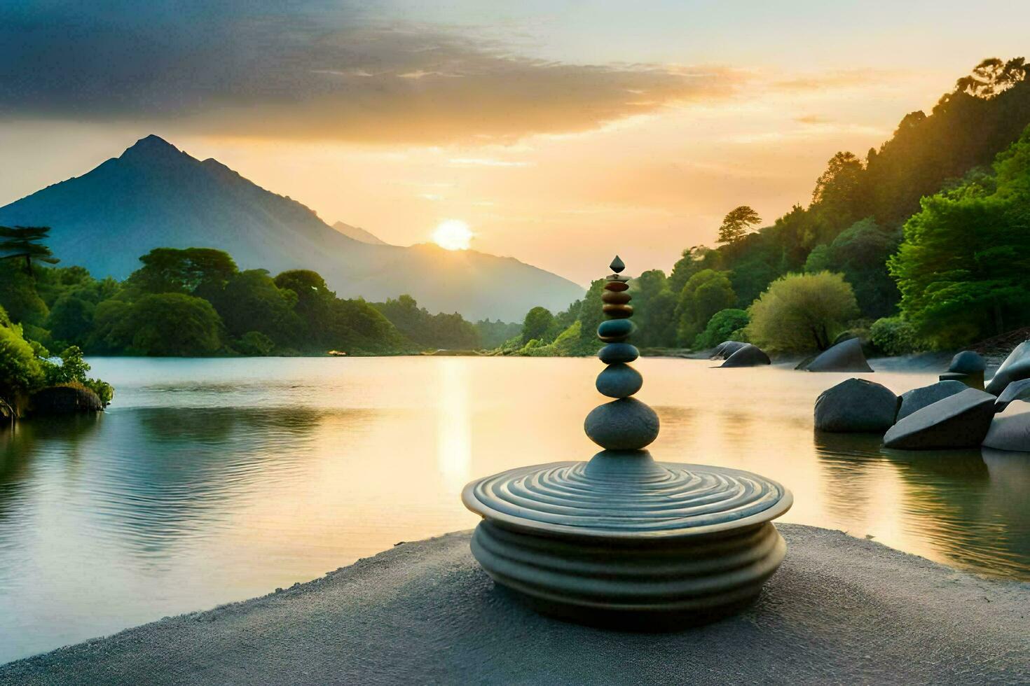 uma pedra torre é sentado em a costa do uma lago. gerado por IA foto