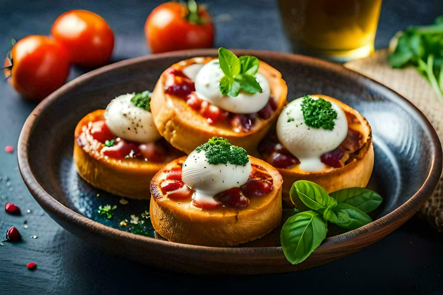 pequeno pão com queijo e tomates em uma placa. gerado por IA foto