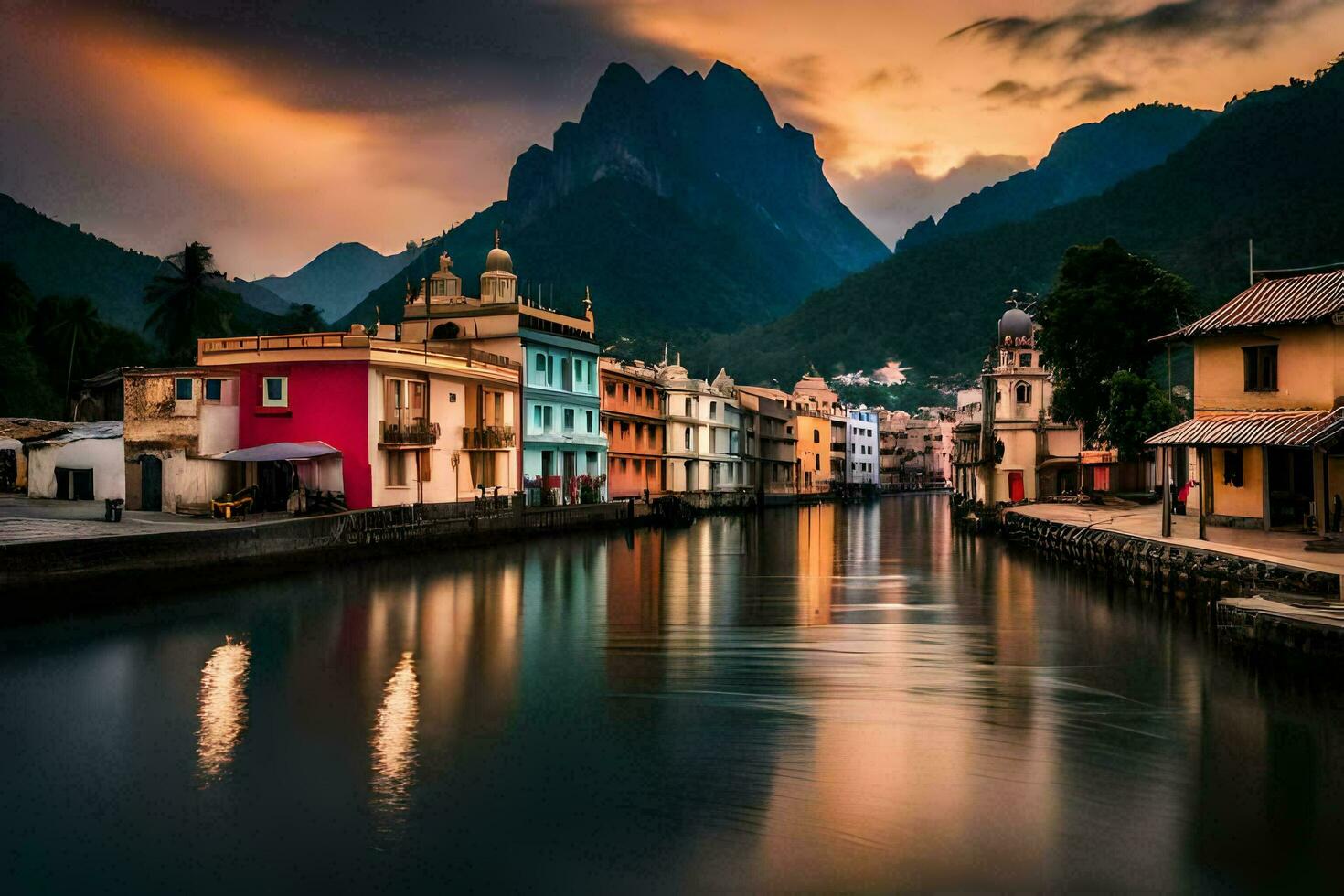 foto papel de parede a céu, montanhas, água, edifícios, a cidade, a rio, a pôr do sol. gerado por IA